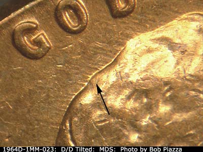 Die-stage B marker on 1964D•1MM•023 (1964 Repunched Mint Mark).