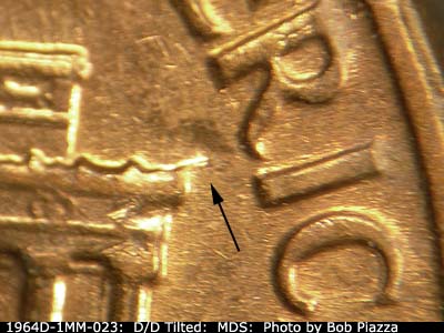 Die-stage B marker on 1964D•1MM•023 (1964 Repunched Mint Mark).