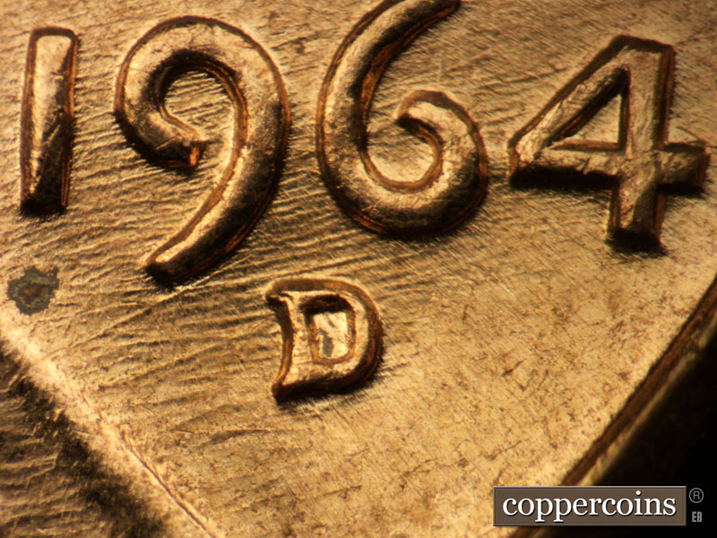 1964 Lincoln cent obverse, CopperCoins die 1964D•1MM•025.