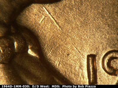 Die-stage B marker on 1964D•1MM•030 (1964 Repunched Mint Mark).