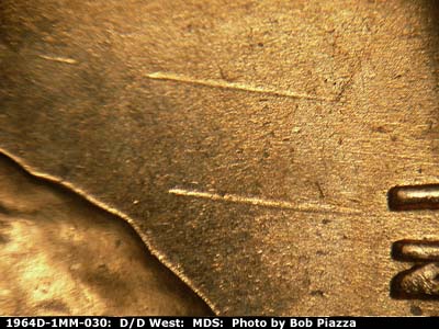 Die-stage B marker on 1964D•1MM•030 (1964 Repunched Mint Mark).