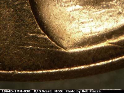 Die-stage B marker on 1964D•1MM•030 (1964 Repunched Mint Mark).
