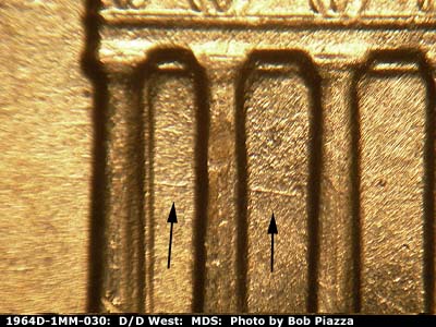 Die-stage B marker on 1964D•1MM•030 (1964 Repunched Mint Mark).