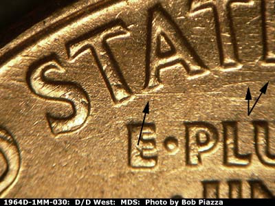 Die-stage B marker on 1964D•1MM•030 (1964 Repunched Mint Mark).