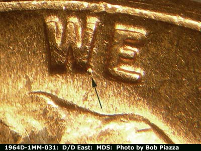 Die-stage B marker on 1964D•1MM•031 (1964 Repunched Mint Mark).