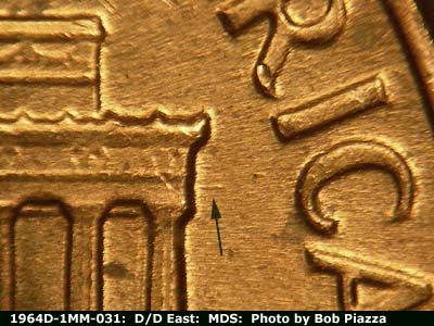 Die-stage B marker on 1964D•1MM•031 (1964 Repunched Mint Mark).