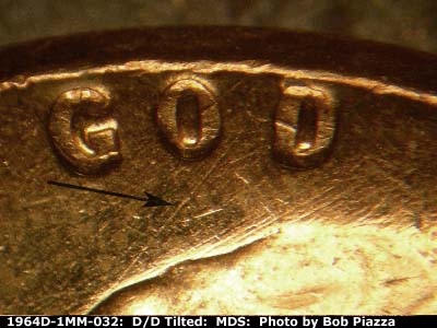 Die-stage B marker on 1964D•1MM•032 (1964 Repunched Mint Mark).
