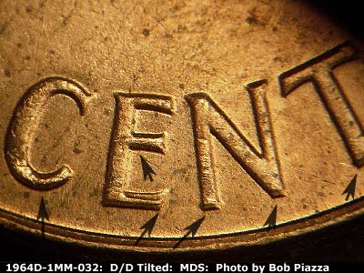 Die-stage B marker on 1964D•1MM•032 (1964 Repunched Mint Mark).