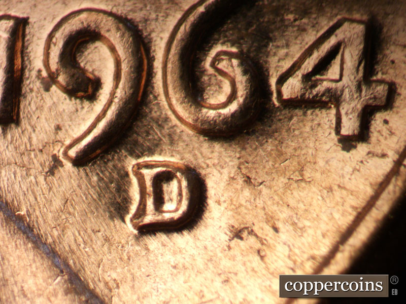 1964 Lincoln cent obverse, CopperCoins die 1964D•1MM•039.