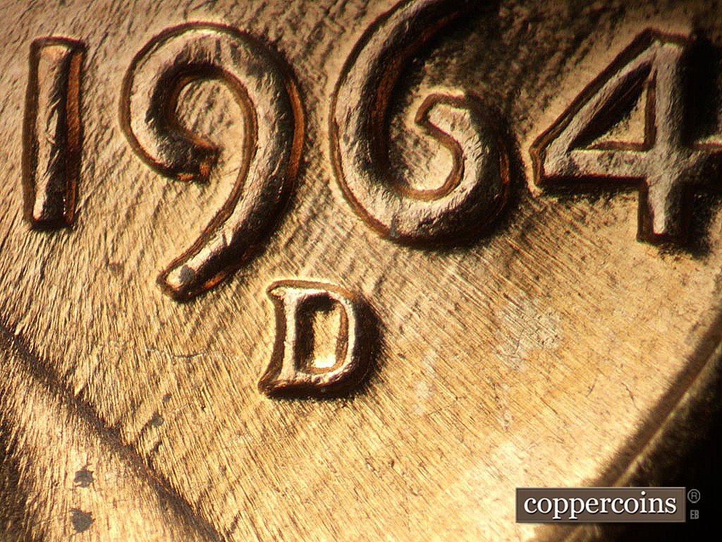 Die-stage B marker on 1964D•1MM•040 showing Closeup of repunched mintmark, SW die scratches through date.