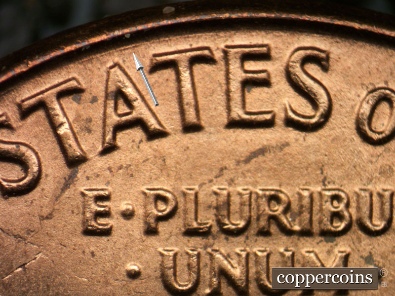 Die-stage B marker on 1964P•1DO•001 (1964 Doubled Die Obverse).