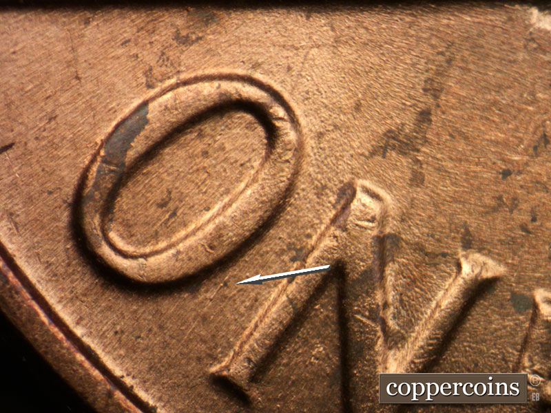 Die-stage B marker on 1964P•1DO•001 (1964 Doubled Die Obverse).
