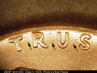 Die-stage B marker on 1964P•1DO•003 (1964 Doubled Die Obverse).
