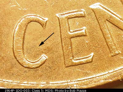 Die-stage B marker on 1964P•1DO•003 (1964 Doubled Die Obverse).