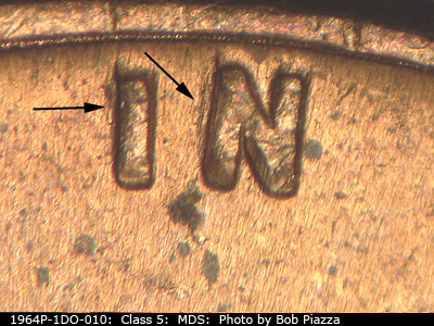 Die-stage B marker on 1964P•1DO•010 (1964 Doubled Die Obverse).