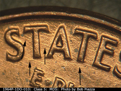 Die-stage B marker on 1964P•1DO•010 (1964 Doubled Die Obverse).