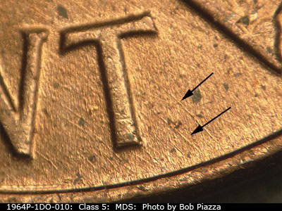 Die-stage B marker on 1964P•1DO•010 (1964 Doubled Die Obverse).