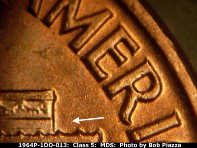 Die-stage B marker on 1964P•1DO•013 (1964 Doubled Die Obverse).