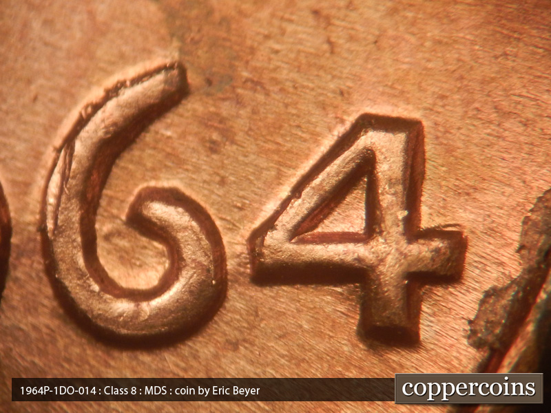 Die-stage B marker on 1964P•1DO•014 (1964 Doubled Die Obverse).