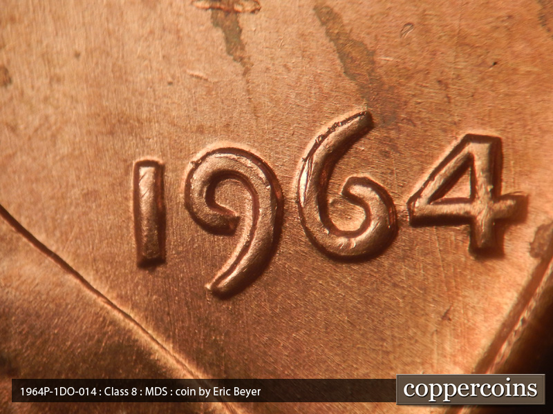 Die-stage B marker on 1964P•1DO•014 (1964 Doubled Die Obverse).