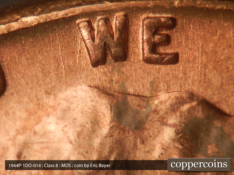 Die-stage B marker on 1964P•1DO•014 (1964 Doubled Die Obverse).