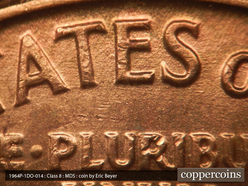 Die-stage B marker on 1964P•1DO•014 (1964 Doubled Die Obverse).