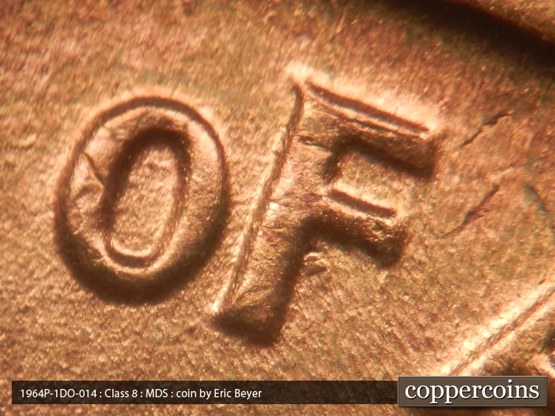 Die-stage B marker on 1964P•1DO•014 (1964 Doubled Die Obverse).