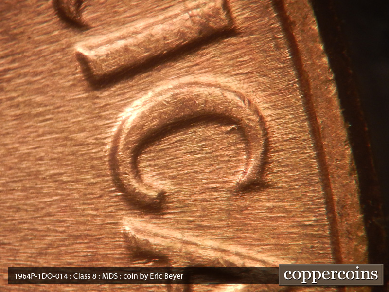 Die-stage B marker on 1964P•1DO•014 (1964 Doubled Die Obverse).