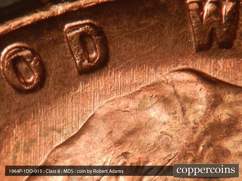 Die-stage B marker on 1964P•1DO•015 (1964 Doubled Die Obverse).