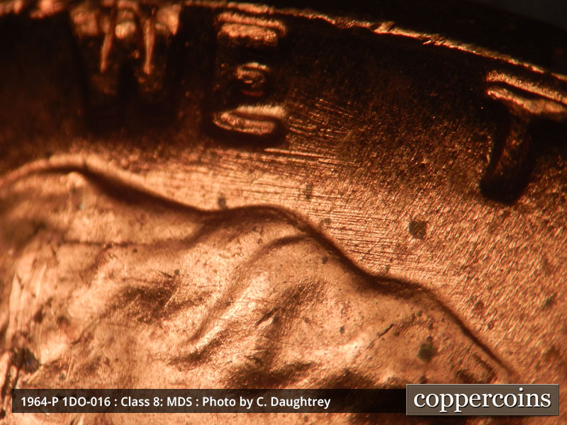 Die-stage B marker on 1964P•1DO•016 (1964 Doubled Die Obverse).