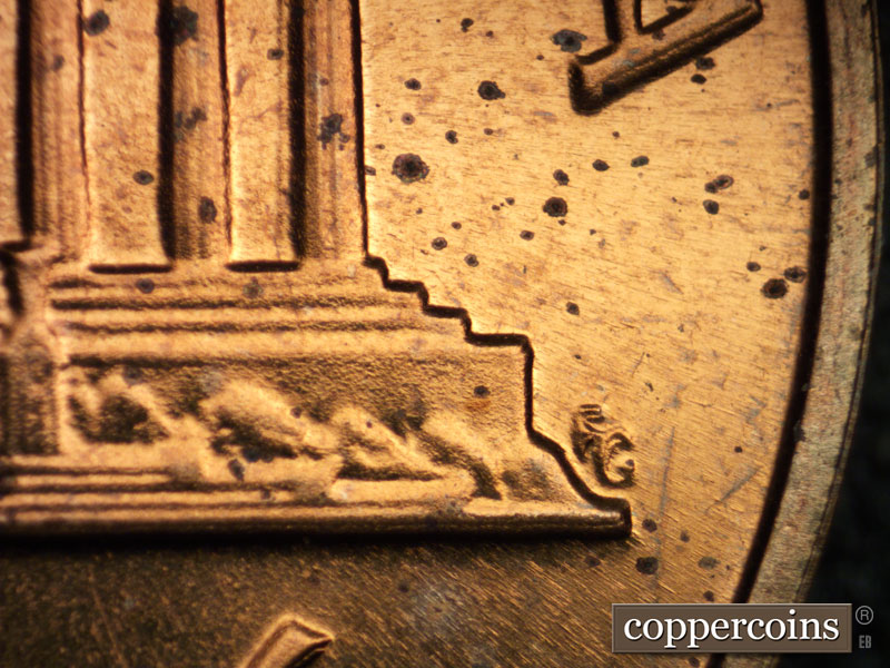 Die-stage B marker on 1964P•1DR•002P (1964 Doubled Die Reverse).