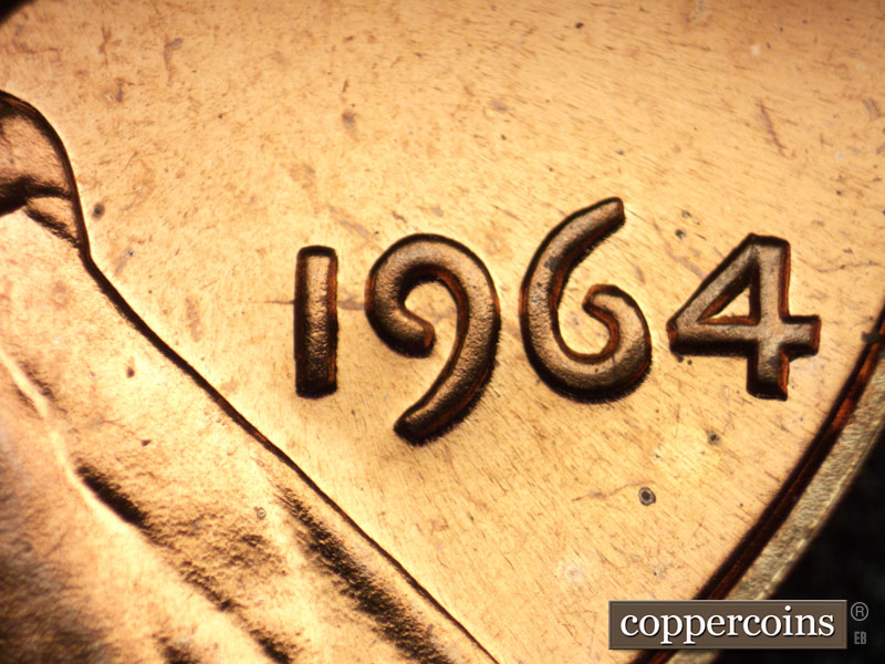 Die-stage B marker on 1964P•1DR•002P (1964 Doubled Die Reverse).