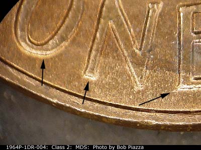 Die-stage B marker on 1964P•1DR•004 (1964 Doubled Die Reverse).