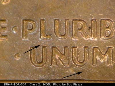 Die-stage B marker on 1964P•1DR•004 (1964 Doubled Die Reverse).