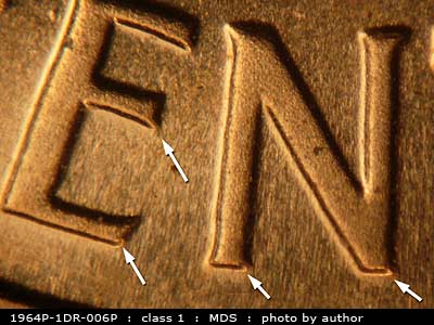 Die-stage B marker on 1964P•1DR•006P (1964 Doubled Die Reverse).