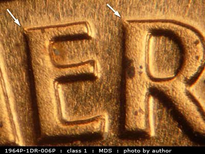 Die-stage B marker on 1964P•1DR•006P (1964 Doubled Die Reverse).