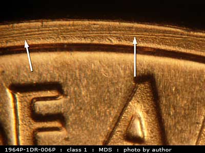 Die-stage B marker on 1964P•1DR•006P (1964 Doubled Die Reverse).