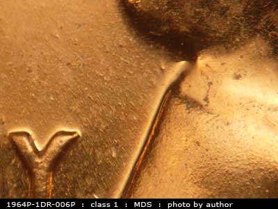 Die-stage B marker on 1964P•1DR•006P (1964 Doubled Die Reverse).