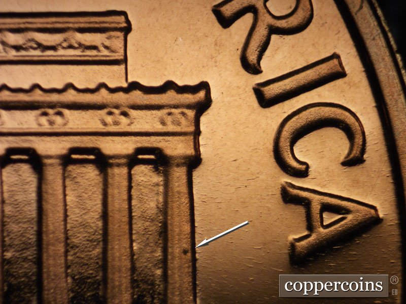 Die-stage B marker on 1964P•1DR•007P (1964 Doubled Die Reverse).