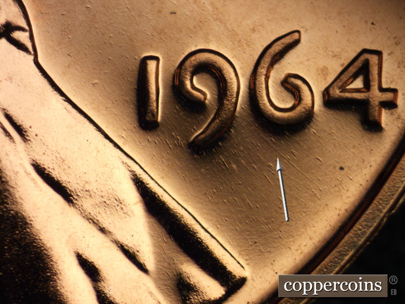 Die-stage B marker on 1964P•1DR•007P (1964 Doubled Die Reverse).
