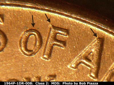 Die-stage B marker on 1964P•1DR•008 (1964 Doubled Die Reverse).