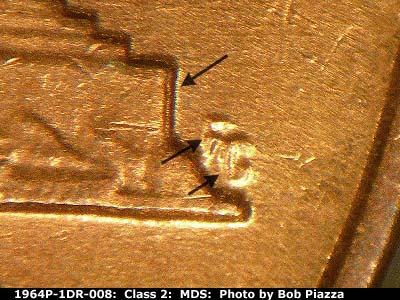 Die-stage B marker on 1964P•1DR•008 (1964 Doubled Die Reverse).