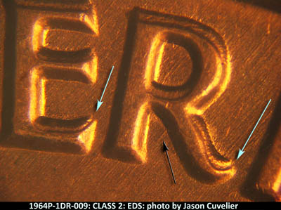 Die-stage A marker on 1964P•1DR•009 (1964 Doubled Die Reverse).