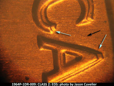 Die-stage A marker on 1964P•1DR•009 (1964 Doubled Die Reverse).