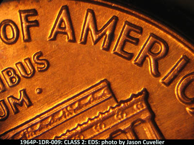 Die-stage A marker on 1964P•1DR•009 (1964 Doubled Die Reverse).
