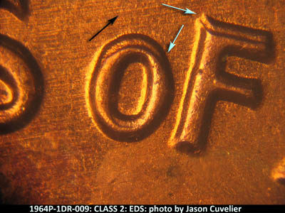 Die-stage A marker on 1964P•1DR•009 (1964 Doubled Die Reverse).