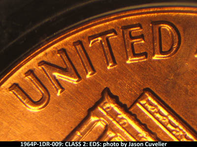 Die-stage A marker on 1964P•1DR•009 (1964 Doubled Die Reverse).