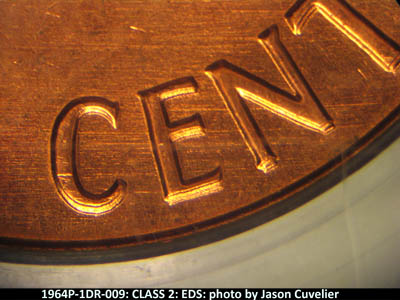 Die-stage A marker on 1964P•1DR•009 (1964 Doubled Die Reverse).