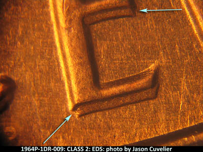 Die-stage A marker on 1964P•1DR•009 (1964 Doubled Die Reverse).