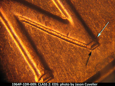 Die-stage A marker on 1964P•1DR•009 (1964 Doubled Die Reverse).